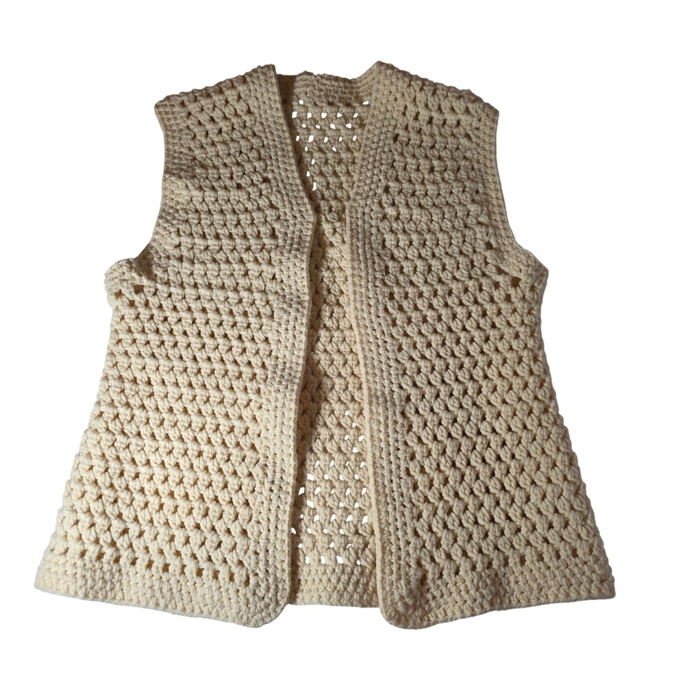 Vintage Handmade Crochet Open Front Vest‎ Cream Boho Cottagecore Festival S/M